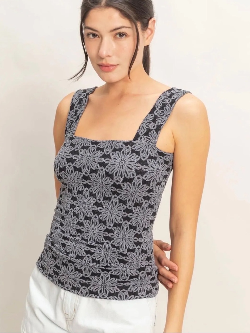 NEW HYFVE Black Floral Jacquard Square Neck Tank S M L